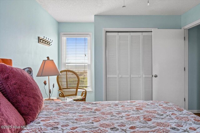 bedroom featuring a closet, a textured ceiling, and wood finished floors