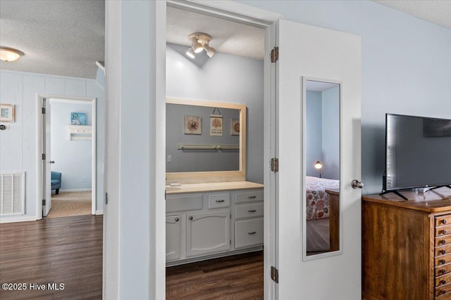 interior space featuring vanity, a textured ceiling, wood finished floors, and visible vents