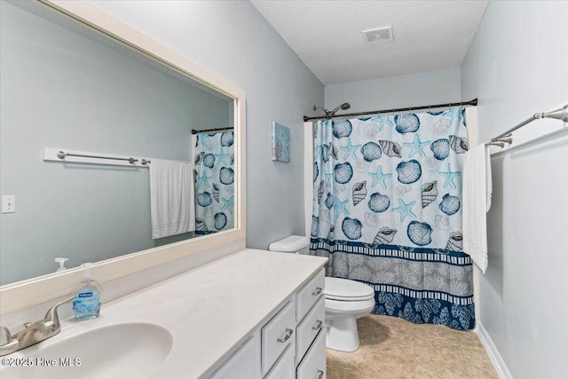 full bathroom with a textured ceiling, visible vents, curtained shower, vanity, and toilet