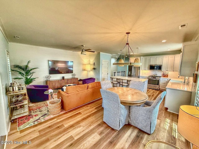 dining space with ceiling fan, crown molding, visible vents, and light wood-type flooring