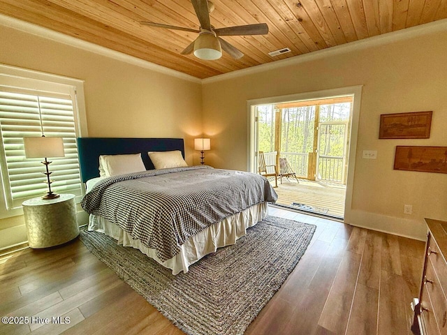 bedroom featuring multiple windows, visible vents, wooden ceiling, and access to outside