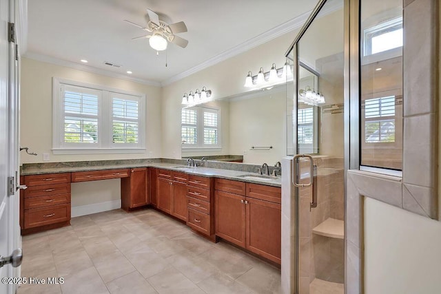 full bathroom with ceiling fan, visible vents, crown molding, a stall shower, and vanity
