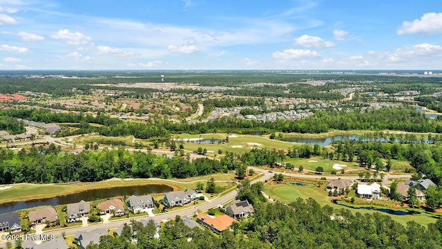 birds eye view of property with a water view, golf course view, and a residential view