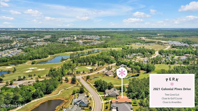 bird's eye view featuring a water view and view of golf course