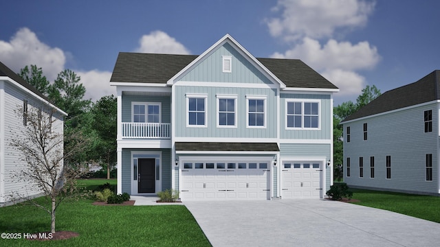 102 Foundry Dr Lot 86, Wilmington, NC 28411 - view of front of home featuring concrete driveway, an attached garage, board and batten siding, a front yard, and a shingled roof