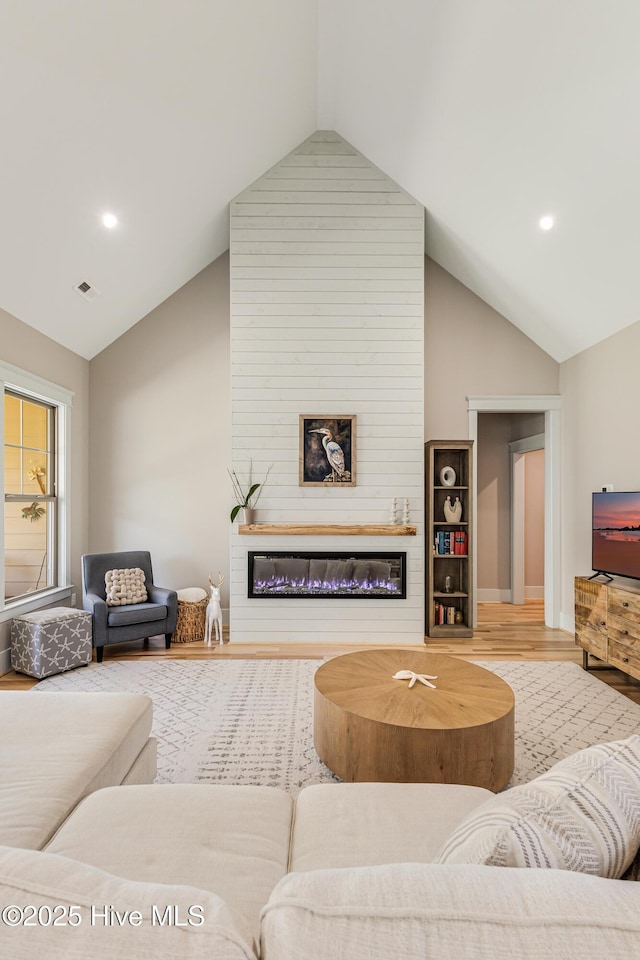 392 Blossom Tree Ln SE, Bolivia, NC 28422 - living room featuring wood finished floors, a glass covered fireplace, high vaulted ceiling, recessed lighting, and baseboards