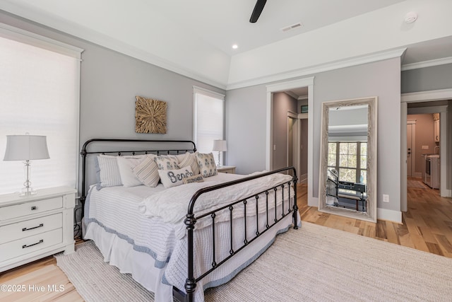 392 Blossom Tree Ln SE, Bolivia, NC 28422 - bedroom with light wood-style flooring, crown molding, a ceiling fan, and baseboards
