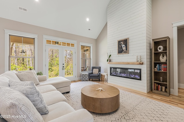 392 Blossom Tree Ln SE, Bolivia, NC 28422 - living area with a glass covered fireplace, wood finished floors, french doors, high vaulted ceiling, and baseboards