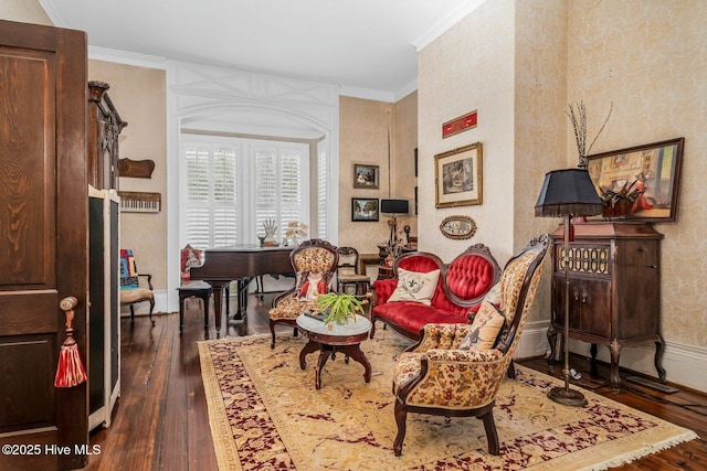 311 E Church St, Tarboro, NC 27886 - living area with ornamental molding, baseboards, dark wood-style flooring, and wallpapered walls