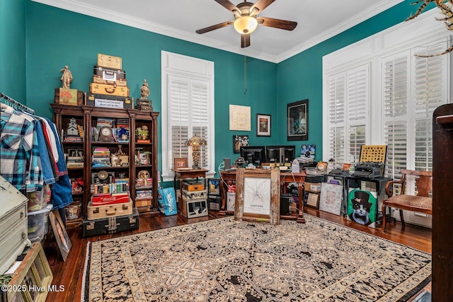 311 E Church St, Tarboro, NC 27886 - office area featuring ornamental molding, a ceiling fan, and hardwood / wood-style flooring