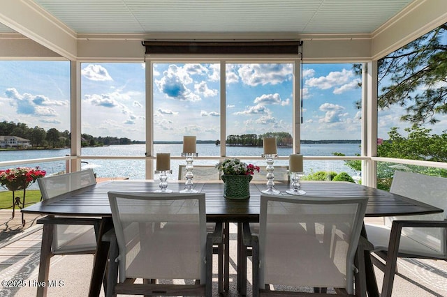sunroom / solarium with a water view