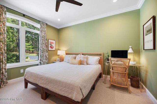 carpeted bedroom with baseboards, ornamental molding, and recessed lighting