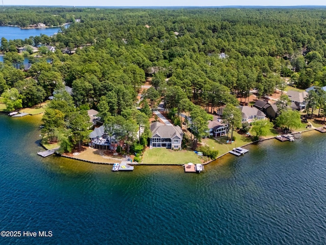 bird's eye view featuring a water view and a view of trees