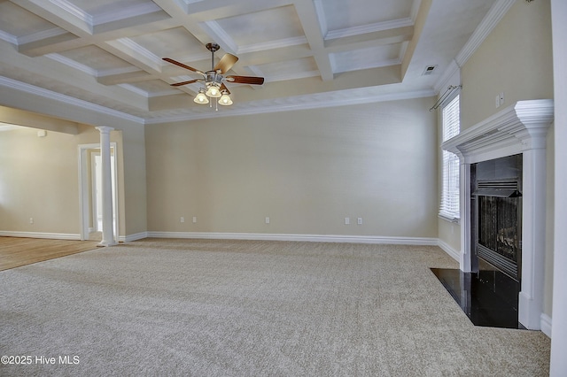 103 Whistling Duck Ct, Moyock, NC 27958 - unfurnished living room with a ceiling fan, carpet, coffered ceiling, crown molding, and beam ceiling
