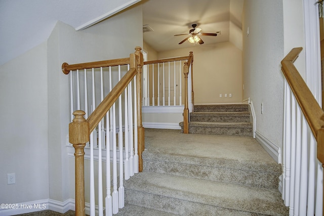 103 Whistling Duck Ct, Moyock, NC 27958 - stairway with carpet floors, a ceiling fan, vaulted ceiling, and baseboards