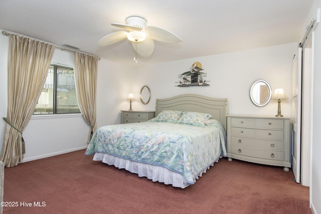 bedroom with visible vents, baseboards, a ceiling fan, and carpet