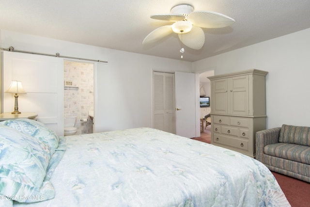 bedroom with a closet, ceiling fan, and connected bathroom
