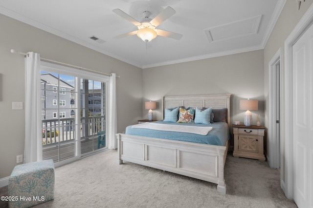 bedroom featuring crown molding, access to exterior, visible vents, and carpet floors