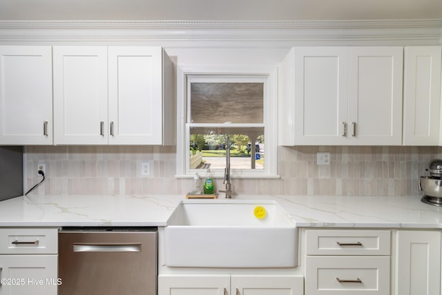 206 Robin Ln, Edenton, NC 27932 - kitchen with stainless steel dishwasher, decorative backsplash, white cabinetry, and a sink