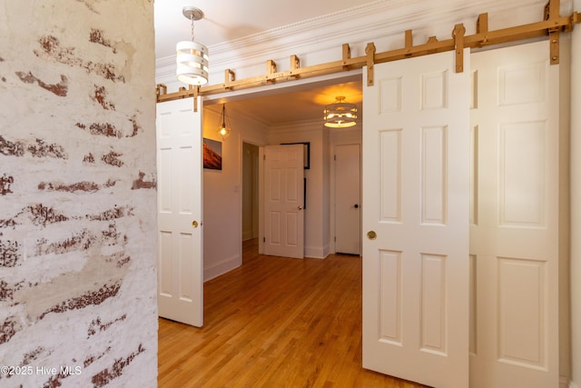 206 Robin Ln, Edenton, NC 27932 - corridor with ornamental molding, light wood-style flooring, a barn door, and baseboards