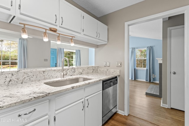 kitchen featuring a sink, wood finished floors, dishwasher, and a healthy amount of sunlight
