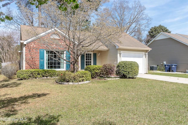single story home featuring cooling unit, roof with shingles, driveway, a front yard, and a garage