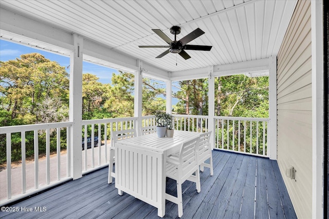 sunroom / solarium featuring a ceiling fan and outdoor dining space