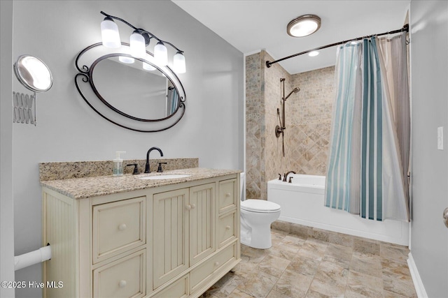 bathroom featuring toilet, shower / bath combo, and vanity