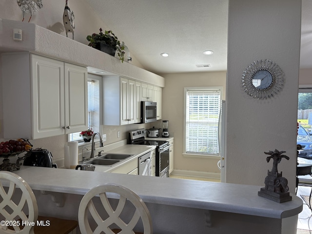 kitchen with stainless steel appliances, plenty of natural light, visible vents, and a sink