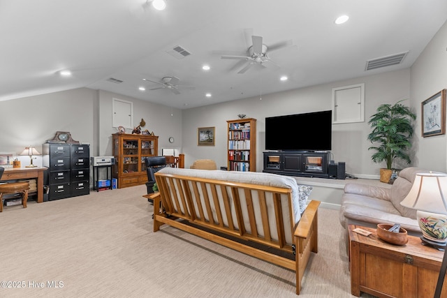 222 Brite Ln, Oriental, NC 28571 - living area with recessed lighting, carpet, ceiling fan, and visible vents