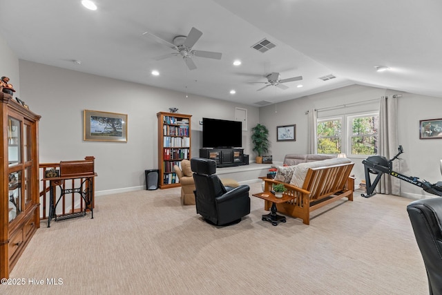 222 Brite Ln, Oriental, NC 28571 - living area featuring a ceiling fan, baseboards, light colored carpet, visible vents, and recessed lighting