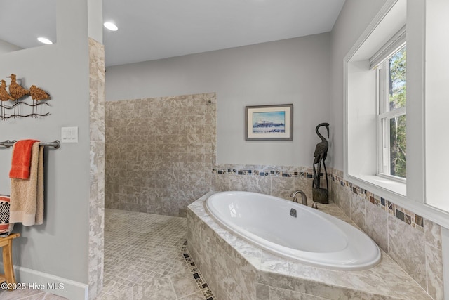 222 Brite Ln, Oriental, NC 28571 - full bathroom featuring baseboards, recessed lighting, a walk in shower, and a bath