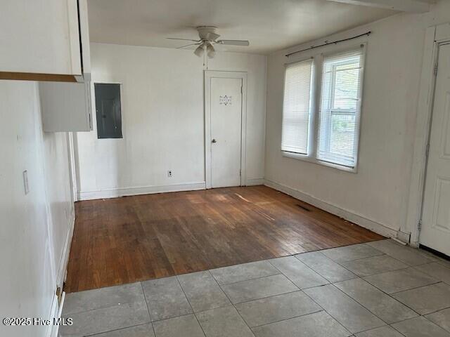902 Johnston St, Edenton, NC 27932 - unfurnished room with wood finished floors, baseboards, ceiling fan, and electric panel