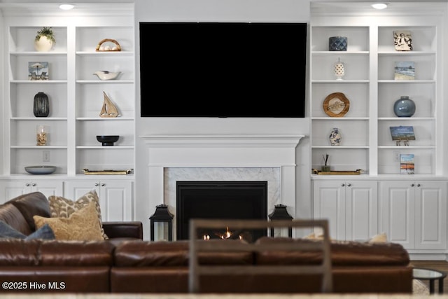 323 Lightning Bug Ln, Holly Ridge, NC 28445 - living area featuring a premium fireplace and built in shelves