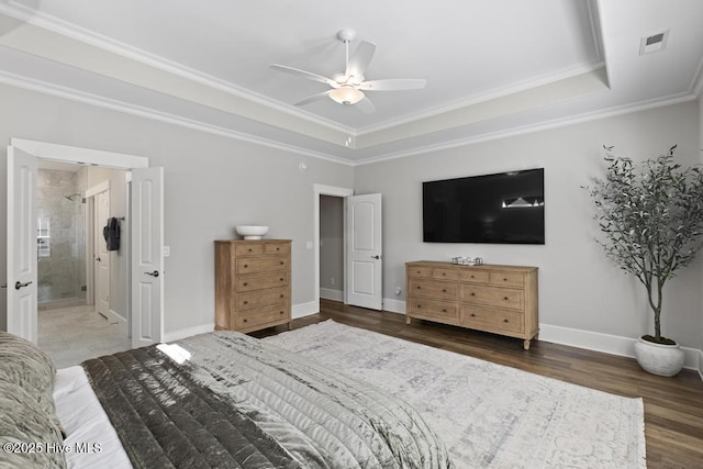 323 Lightning Bug Ln, Holly Ridge, NC 28445 - bedroom with crown molding, a tray ceiling, wood finished floors, baseboards, and ceiling fan