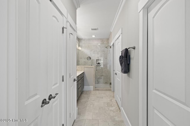 323 Lightning Bug Ln, Holly Ridge, NC 28445 - bathroom with a stall shower, vanity, and ornamental molding