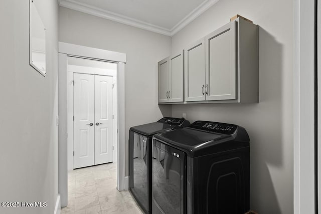 323 Lightning Bug Ln, Holly Ridge, NC 28445 - laundry room with separate washer and dryer, light marble finish floors, cabinet space, ornamental molding, and baseboards