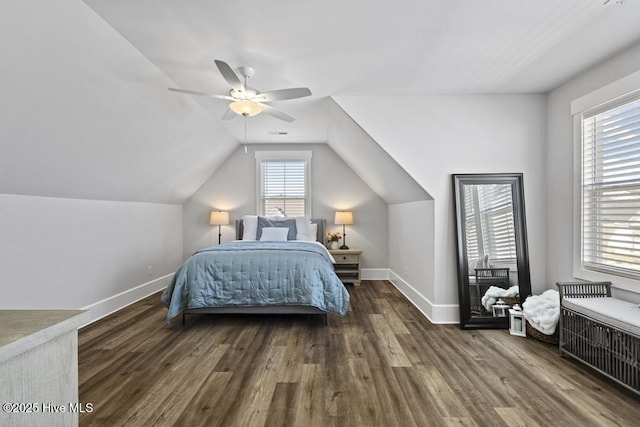 323 Lightning Bug Ln, Holly Ridge, NC 28445 - bedroom with baseboards, wood finished floors, a ceiling fan, and lofted ceiling