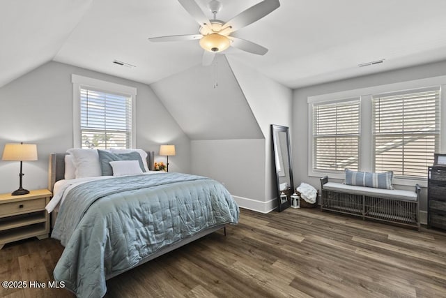 323 Lightning Bug Ln, Holly Ridge, NC 28445 - bedroom with lofted ceiling, wood finished floors, baseboards, and a ceiling fan