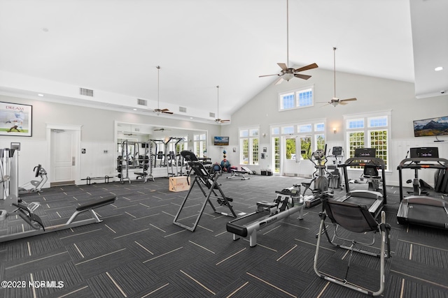 323 Lightning Bug Ln, Holly Ridge, NC 28445 - workout area with ceiling fan, high vaulted ceiling, a wainscoted wall, dark colored carpet, and recessed lighting