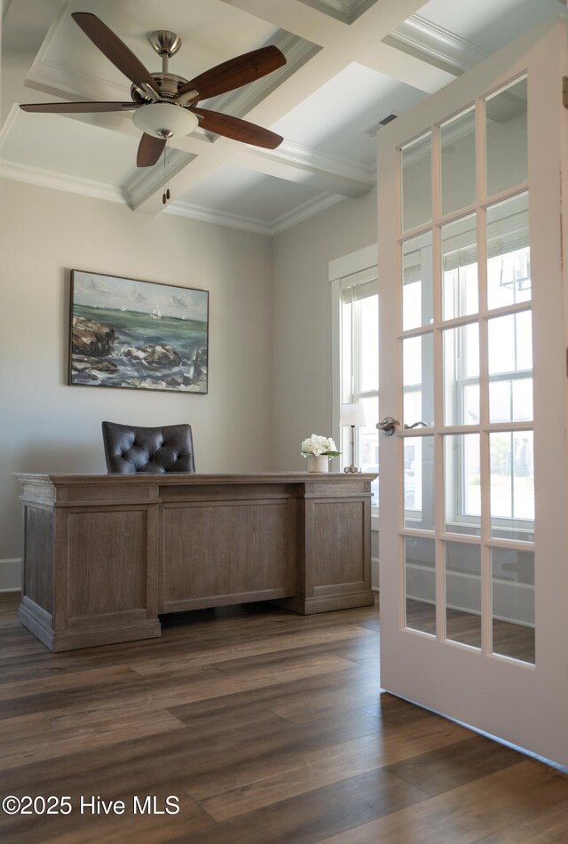 323 Lightning Bug Ln, Holly Ridge, NC 28445 - office area featuring dark wood finished floors, beamed ceiling, ornamental molding, a ceiling fan, and coffered ceiling