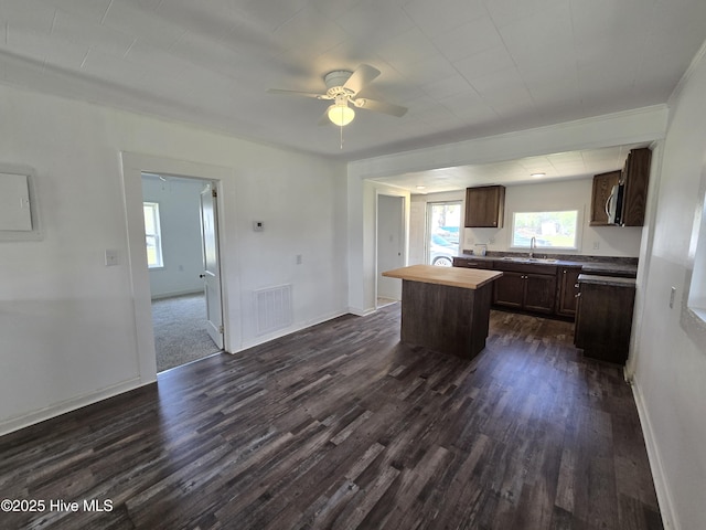 117 Flowers St, Rockingham, NC 28379 - kitchen with visible vents, wooden counters, ceiling fan, a kitchen island, and a sink