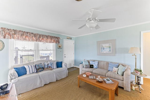 713 Channel Blvd, Topsail Beach, NC 28445 - living area with crown molding, a ceiling fan, and carpet