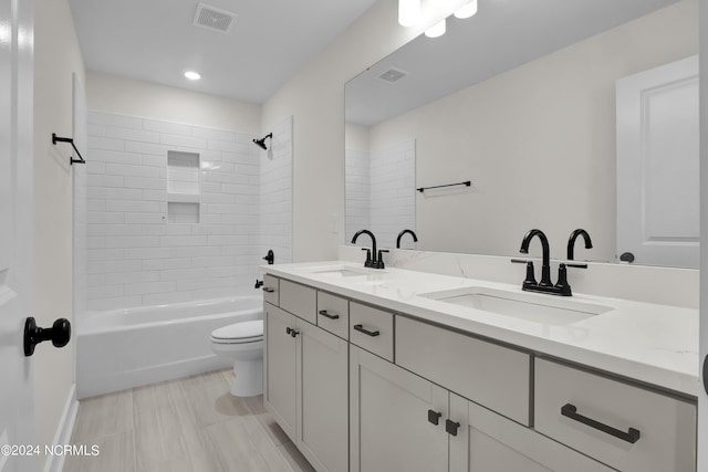 1008 Peace St Lot 69, Leland, NC 28451 - bathroom featuring toilet, double vanity, shower / washtub combination, and recessed lighting