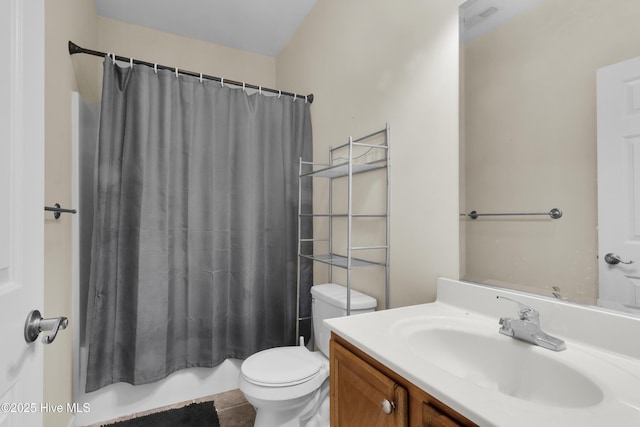 318 Winchester Way, Merritt, NC 28556 - full bathroom featuring tile patterned floors, visible vents, toilet, vanity, and shower / tub combo with curtain