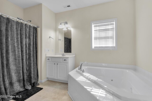 318 Winchester Way, Merritt, NC 28556 - bathroom featuring a shower with shower curtain, a whirlpool tub, visible vents, and vanity