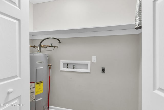 interior space featuring hookup for an electric dryer, water heater, laundry area, and hookup for a washing machine