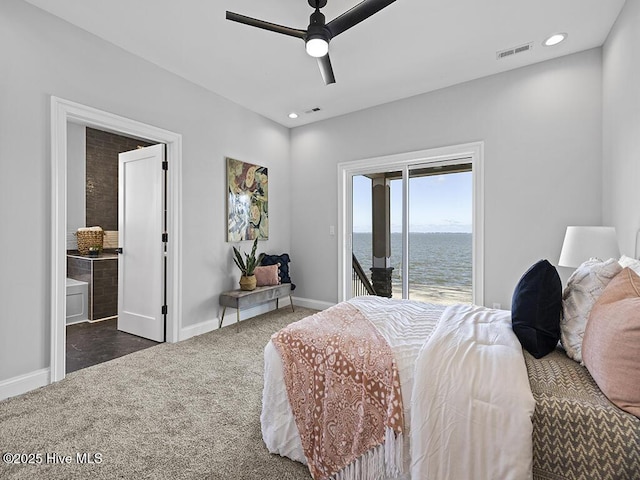 371 Narrow Shore Rd, Aydlett, NC 27916 - carpeted bedroom featuring access to exterior, baseboards, a water view, a ceiling fan, and recessed lighting