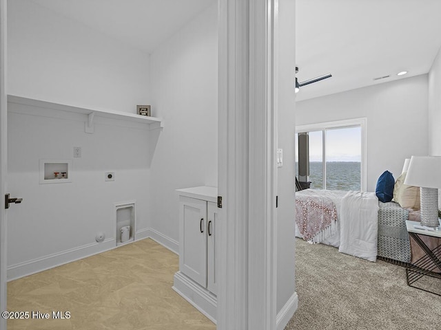 371 Narrow Shore Rd, Aydlett, NC 27916 - washroom featuring electric dryer hookup, light carpet, washer hookup, and a water view
