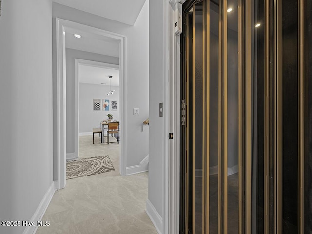 371 Narrow Shore Rd, Aydlett, NC 27916 - hallway featuring elevator, baseboards, and recessed lighting